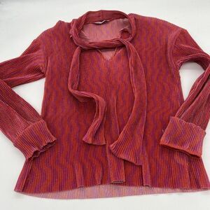 Zara Trafaluc Pink Pleated Crinkle Blouse neck tie accent size small metallic